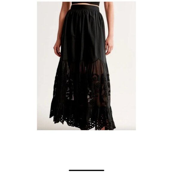 Abercrombie&Fitch Lacey Long Cotton Skirt XL Black WhimsyGoth Western Boho Goth - Picture 2 of 12